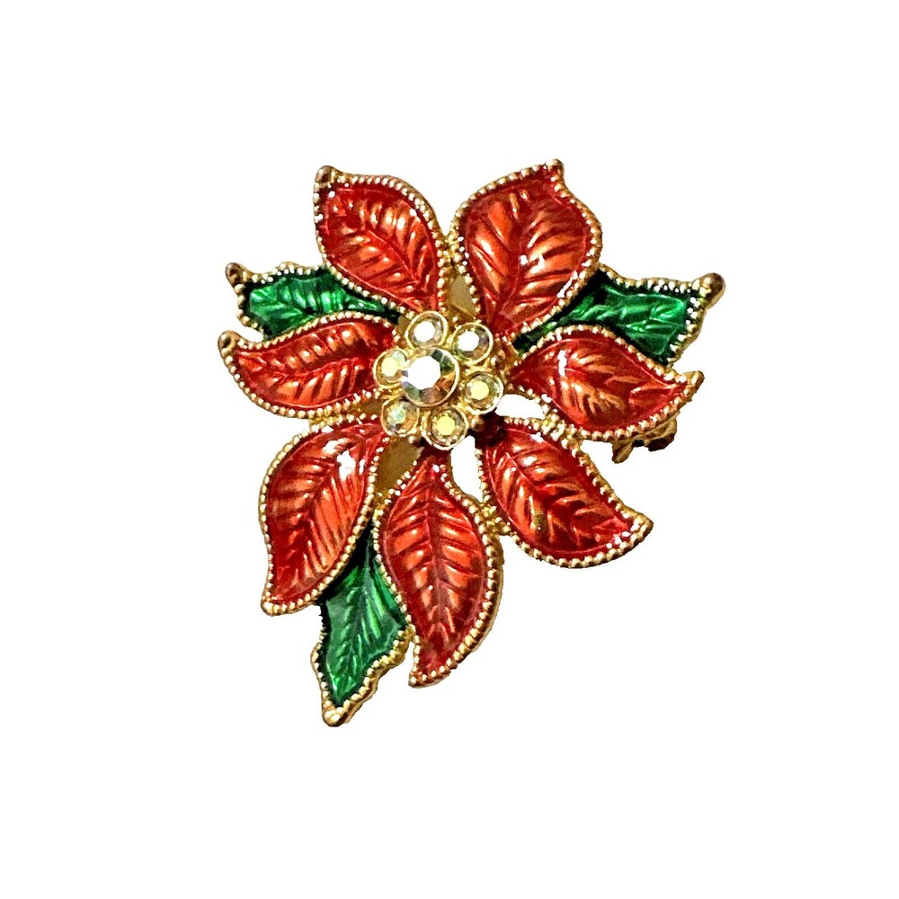 Vintage TC POINSETTIA Brooch Christmas Red Green Enamel 1.75" Tanya Creations